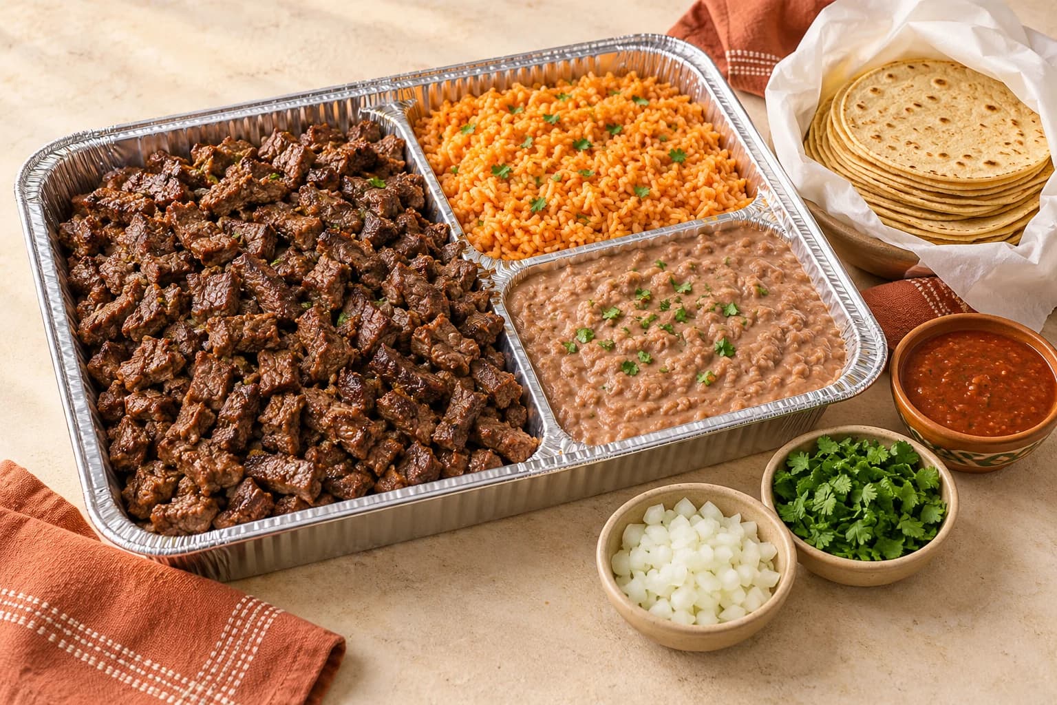 Concepto ilustrativo de una charola familiar con carne asada, arroz, frijoles, tortillas y salsa; no es un producto actual de Lucy’s.