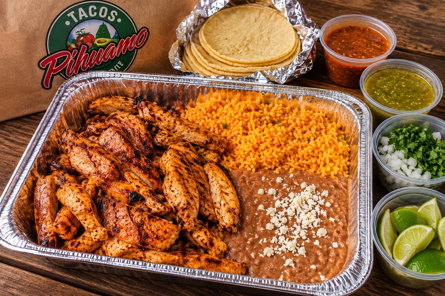 Proposed $50 Pihuamos family platter with grilled chicken, rice, beans, tortillas, salsa, and toppings.