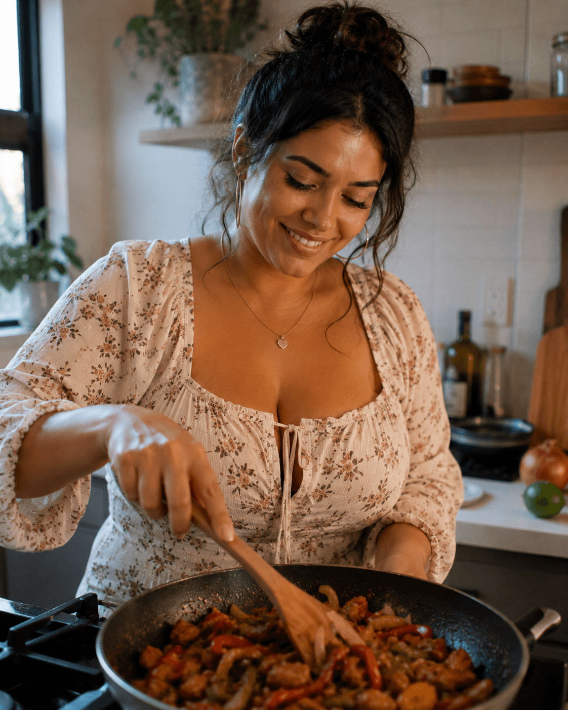 An independent food creator preparing a colorful dish in her kitchen